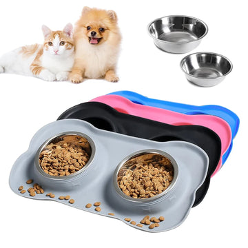 Stainless Steel Pet Dog Feeder Silicone Anti-spill Cats Dog Double Bowl Pet Feeding Drinking Water Bowls Dog Food Dispenser